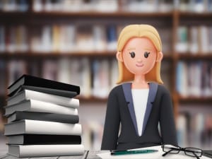 An image of a System C character with a pile of books.