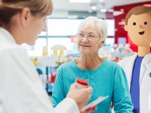 A pharmacist supporting a customer at a pharmacy.