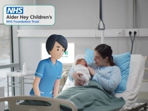 A System C character supporting a newborn baby and a mother at the bedside.