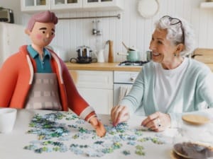 A picture of an elderly woman doing a jigsaw with a System C character.
