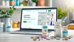 An image of a Laptop next to some medicine.