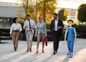 A group of social workers walking together with a System C character.