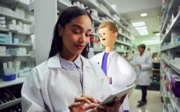 A female pharmacist viewing a Regional Pharmacy System.