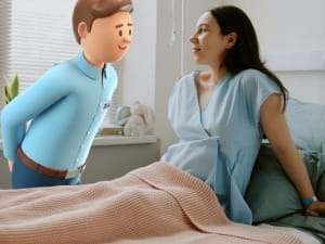 A System C character helping a patient in bed.