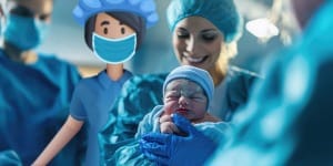 A picture of a midwife team holding a baby.
