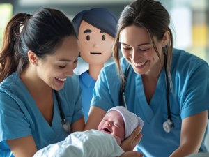 A picture of midwives delivering a baby.