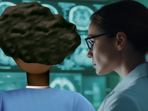 An image showing a System C character and a nurse looking at digital scans.