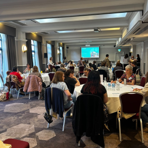 A picture of a busy room at the Digital Midwives Roundtable Event.