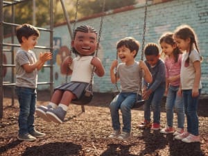 A picture of the System C Liquidlogic children's cartoon character stood playing with other children.