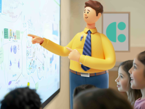 An image showing a System C character teaching some children in front of an interactive whiteboard.
