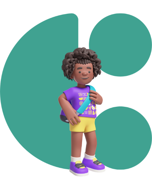 A child character smiling with a System C logo in the background.